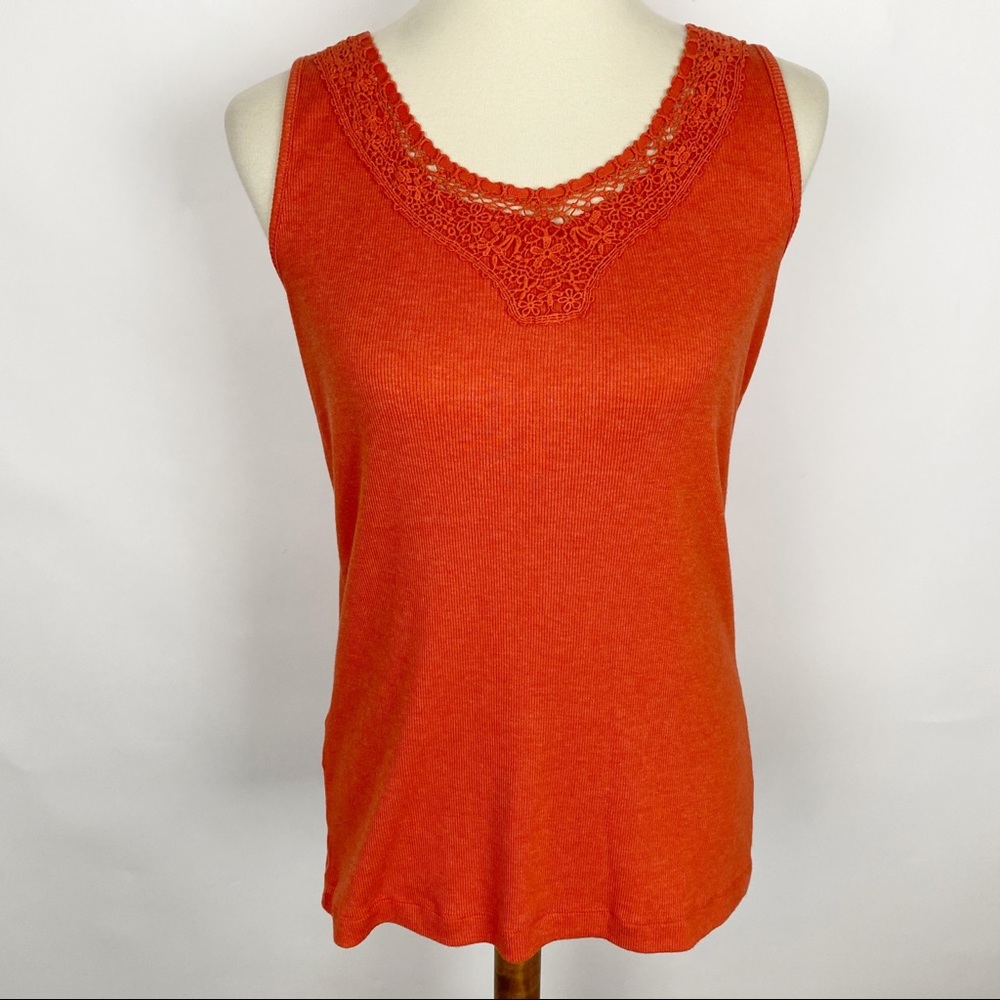 EDDIE BAUER Orange Ribbed Basic Tank Top Embroidered Trim Neckline - Size M